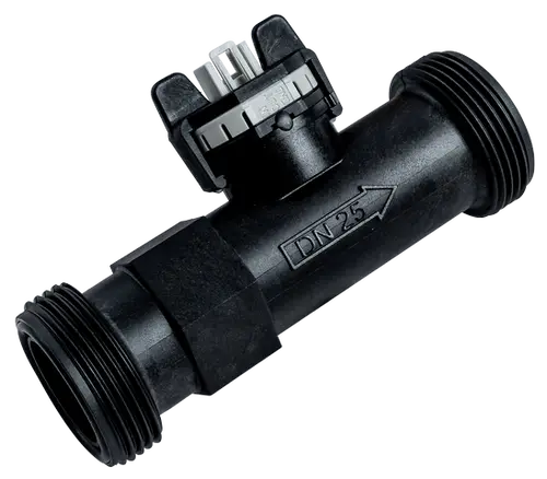 Durchflusssensor mit zwei gewindekonfektionierten Anschlüssen. Das Produkt gehört zur Marke Wolf und misst den Wasserfluss in Heizsystemen.
